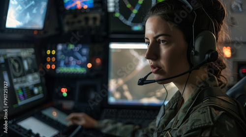 Within a secure command post, a dedicated military woman with a headset sits at a sophisticated control station, directing air and ground operations while monitoring live feeds on photo