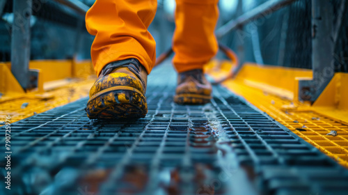 A close-up on the safety boots of an industrial worker standing on a metal grated walkway.