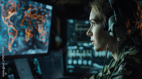 At a remote command facility, a focused female commander wears headphones and reviews intelligence reports on a monitor, orchestrating complex military operations with precision an photo