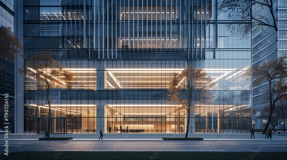  A modern office building with floor-to-ceiling windows featuring an electrochromic glass facade that adjusts to sunlight intensity