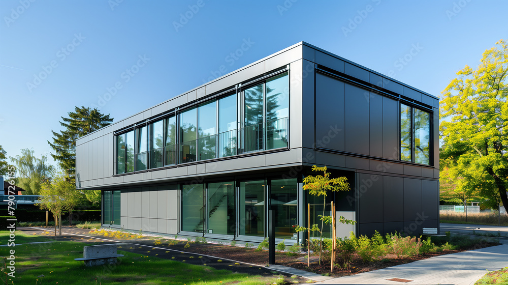 Fototapeta premium A modern office building with a modular, prefabricated facade for easy construction
