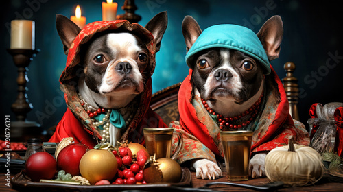 Boston Terriers in elegant attire for a festive occasion. Generative ai.