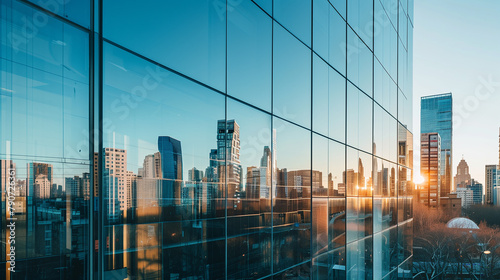 A modern office building with a curtain wall made of mirrored glass  reflecting the surrounding cityscape in a fragmented way