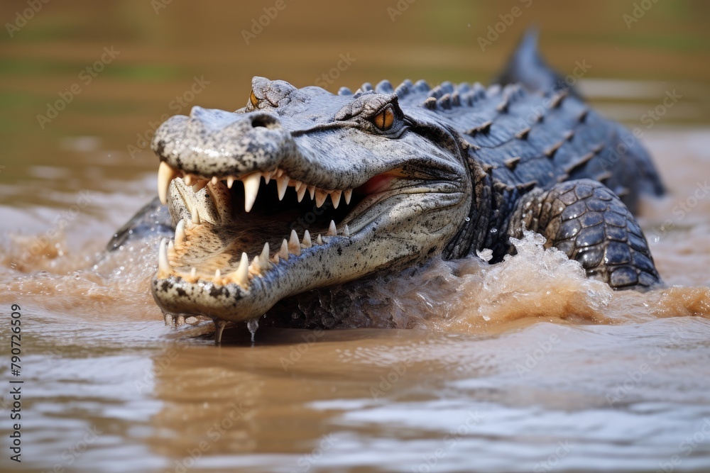 Fototapeta premium Crocodile stealthily approaching its prey in the water.