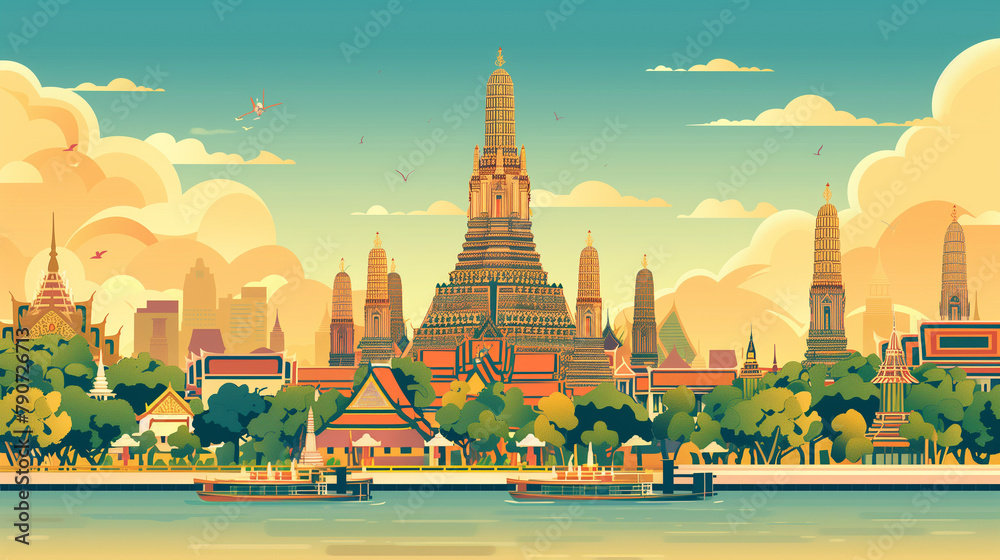 Naklejka premium copy space, simple vector illustration, handdrawn cartoon style, Wat Arun temple in Bankkok, beautiful design for tourist poster, tourism publicity. Must-see tourist attraction. Famous touristic spot