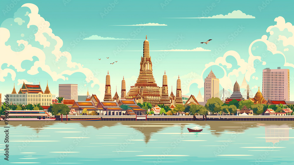 Fototapeta premium copy space, simple vector illustration, handdrawn cartoon style, Wat Arun temple in Bankkok, beautiful design for tourist poster, tourism publicity. Must-see tourist attraction. Famous touristic spot 