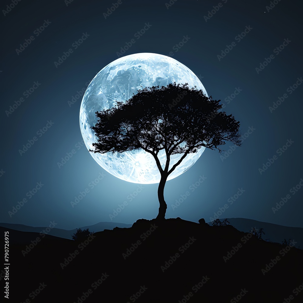 Silhouette of a lone tree against a large, bright moon, stark contrast creating a peaceful yet eerie nocturnal landscape.