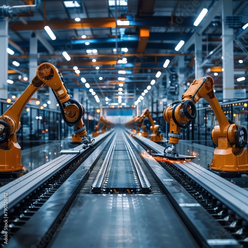 Wide shot of a modern automated production line inside a factory, robots assembling products, clean and bright environment.
