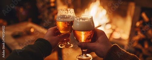 A person's hand grips a full beer mug, backlighted by warm, roaring fire giving a cozy atmosphere photo