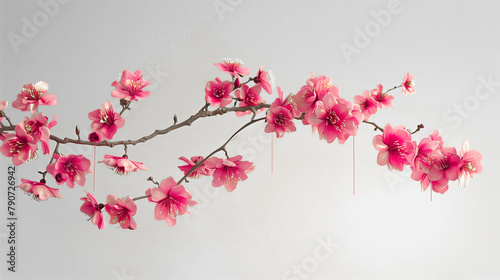A branch full of flowers hanging on a subtle thread in front of a light background