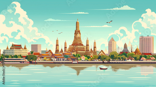 copy space, simple vector illustration, handdrawn cartoon style, Wat Arun temple in Bankkok, beautiful design for tourist poster, tourism publicity. Must-see tourist attraction. Famous touristic spot  photo