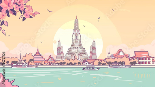 copy space, simple vector illustration, handdrawn cartoon style, Wat Arun temple in Bankkok, beautiful design for tourist poster, tourism publicity. Must-see tourist attraction. Famous touristic spot  photo