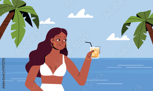Young women in swimsuit with coctail on the beach, vector summer illustration. Relaxing on the beach and drinking coctail © OksanaValion