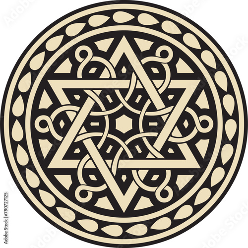 Vector gold and black round Jewish ornament. Star of David. Semitic circle, ring. Jerusalem