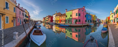 A panoramic view capturing the vividly colored houses lining the tranquil canals. reflecting the Italian island's charm.
