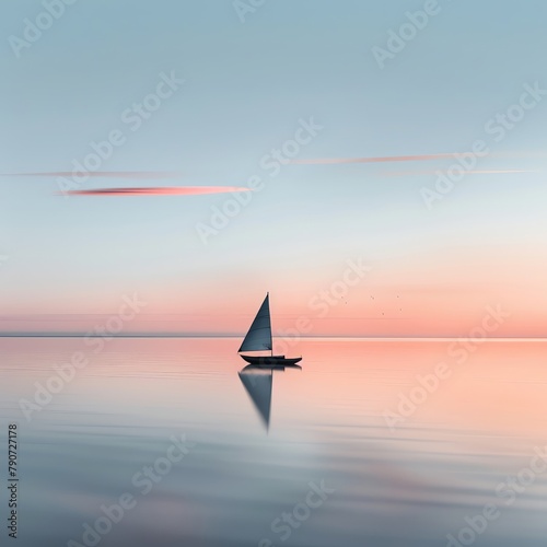 Lonely sailboat on a vast sea at dawn, minimalistic composition with soft pastel sky and peaceful water, solitude theme.