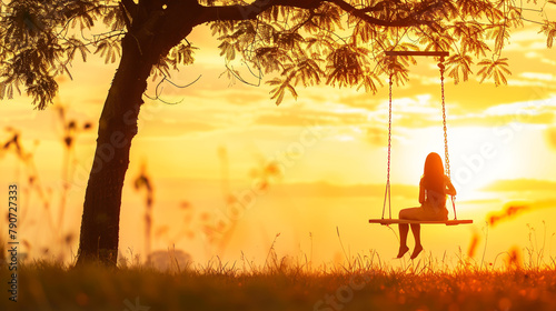 A woman s silhouette on a wooden swing under a tree in a park at sunset  with copy space.