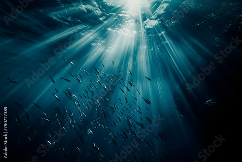 Mysterious Underwater Seascape with Rays of Light Penetrating the Depth