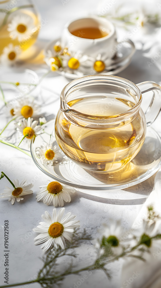 Serene Chamomile Tea Setting with Transparent Teapot and Cup Serene Chamomile Tea Setting with Transparent Teapot and Cup
