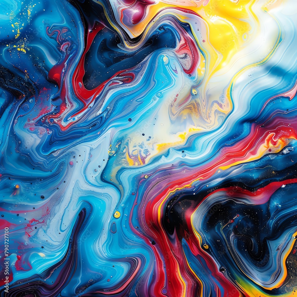 Abstract design of swirling colors merging together, vibrant hues of blue, red, and yellow creating a dynamic fluid art pattern.