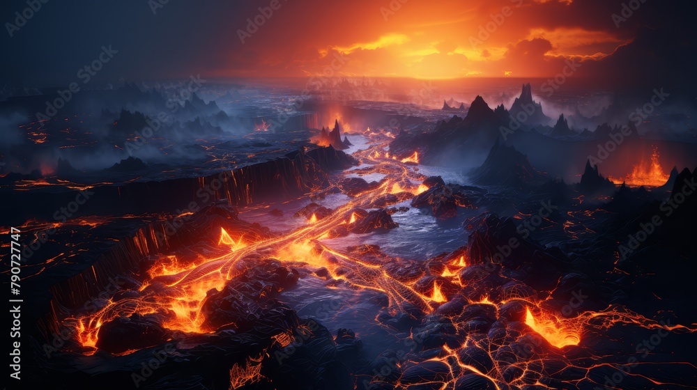 Bird's-eye view of a glowing lava flow during a twilight eruption, highlighting the stark beauty of disaster