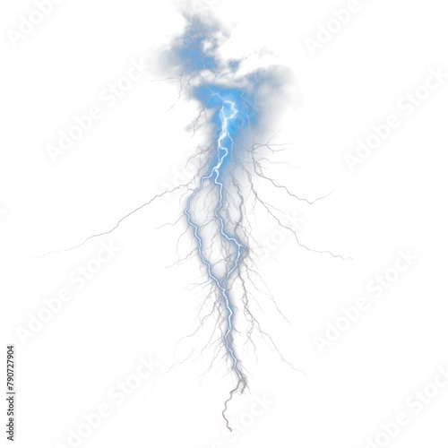 Close-up of powerful and dangerous lightning against a white or transparent background. Close-up of the lightning bolt. Front view. Graphic design element.