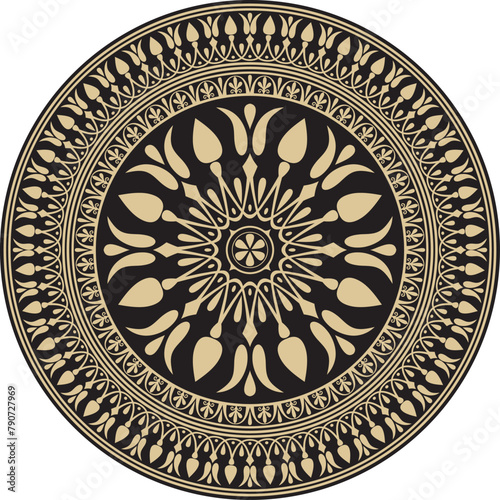 Vector gold with black classic Greek round ornament. Circle of Ancient Greece and the Roman Empire. Byzantine painting of walls, floors and ceilings. Decoration of European palaces