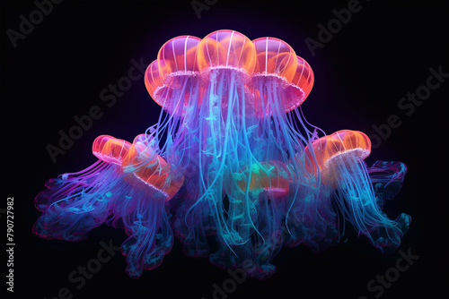 Jellyfish with neon lighting. Underwater world. Aquarium with jellyfish.