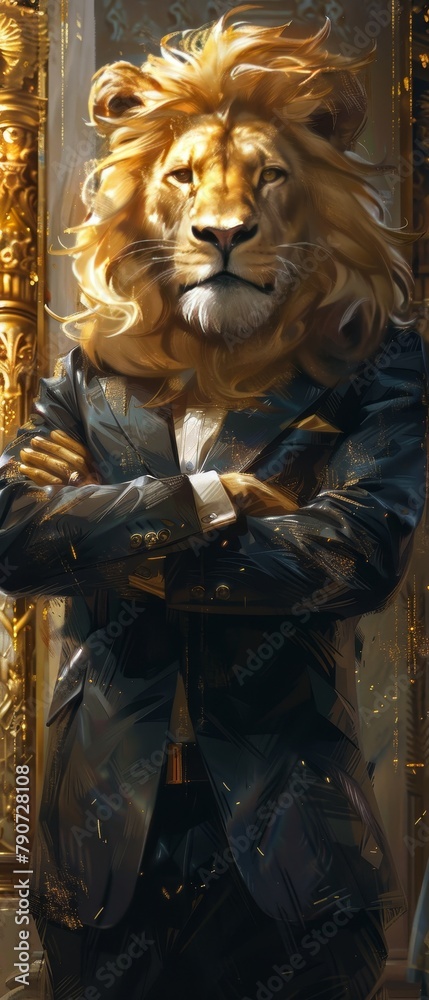 A lion wearing a suit and tie stands in front of a gold frame