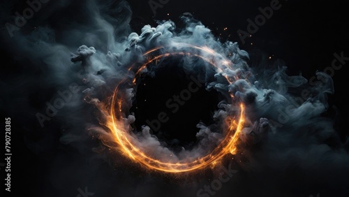 Circular Black Smoke explodes outward, with dramatic smoke or fog effect with a scary Dark background