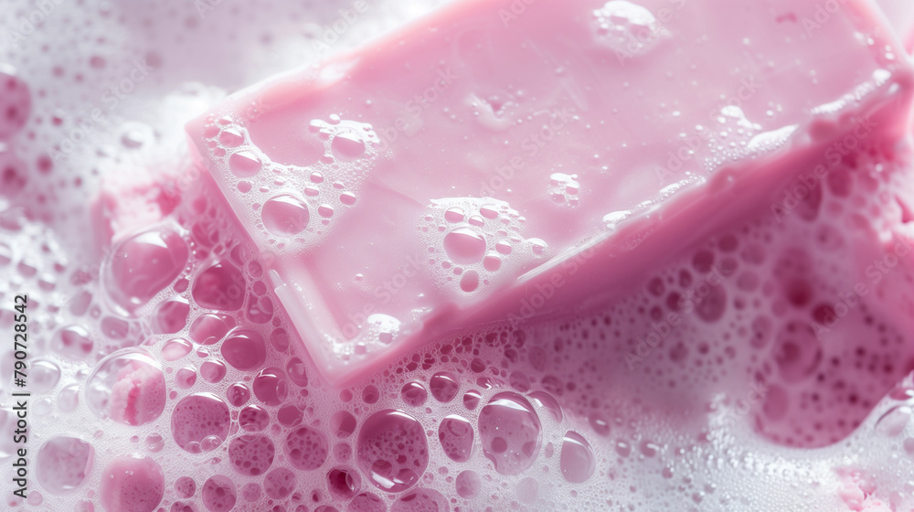 A close-up of a square bar of soap, with a soap bubble on top. Pink background. Raw graphic photos. Cosmetics advertising materials. A view from above. A close-up of a square bar of soap, with a soap bubble on top. Pink background. Raw graphic photos. Cosmetics advertising materials. A view from above.