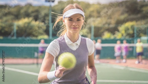 Beautiful young woman in a hat holding a ball on a tennis court, tennis court with hat, tennis court with spectators © Onurcan