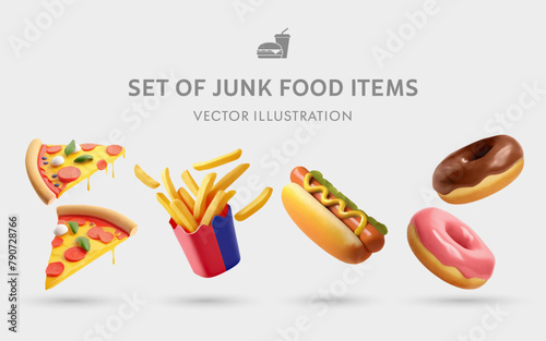 A Set of Junk Food 3D Vector Items: Pizzas, Fries, Hot Dogs, Doughnuts