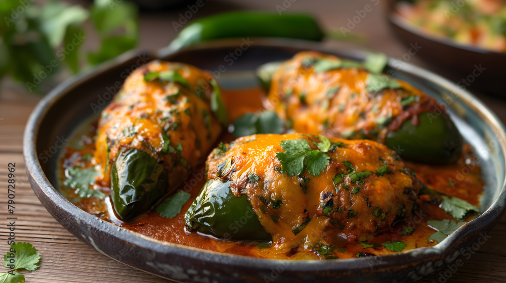 Delicious Cheesy Stuffed Bell Peppers in Tomato Sauce on Wooden Table Delicious Cheesy Stuffed Bell Peppers in Tomato Sauce on Wooden Table