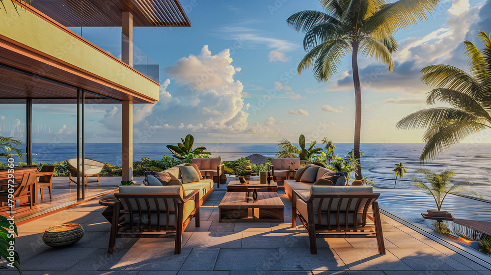 Spacious boho terrace, overlooking the ocean. Perfect for a holiday-themed banner. Holidays, reviews, terrace.