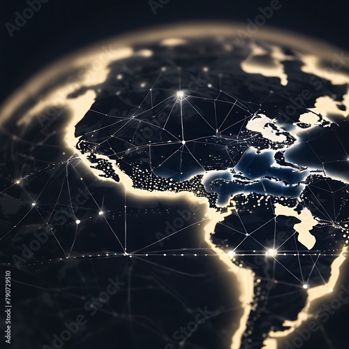 a map of the world with glowing connections between different regions. 