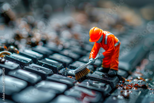 Miniature of a small worker in a uniform cleaning a keyboard with a brush. Concept of keyboard contamination and cleaning. Generative AI. photo