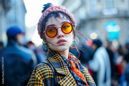 Woman in Red Sunglasses and Plaid Jacket