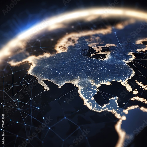 a map of the world with glowing connections between different regions. 