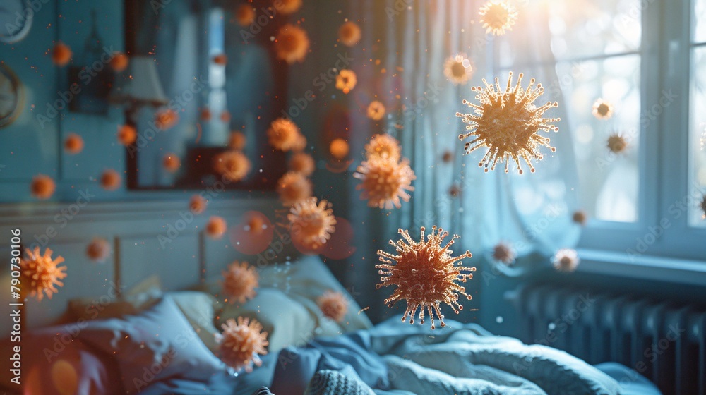 A 3D rendering of a virus floating in a bedroom.