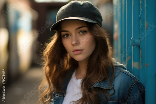 Urban Chic Attractive Teenage Girl with Long Wavy Hair and Baseball Cap by Blue Fence