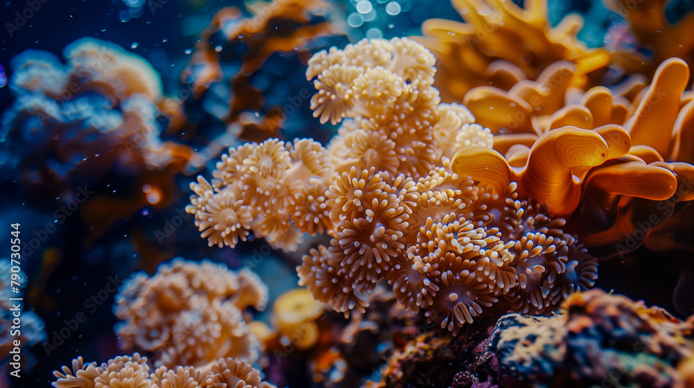 A photo of a coral underwater, showing its complex, organic structures. A photo of a coral underwater, showing its complex, organic structures.