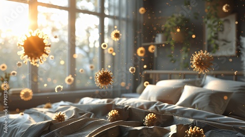 realistic render of virus floating in bedroom with sunlight