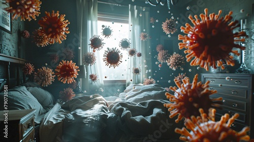 Red virus particles floating in a bedroom photo