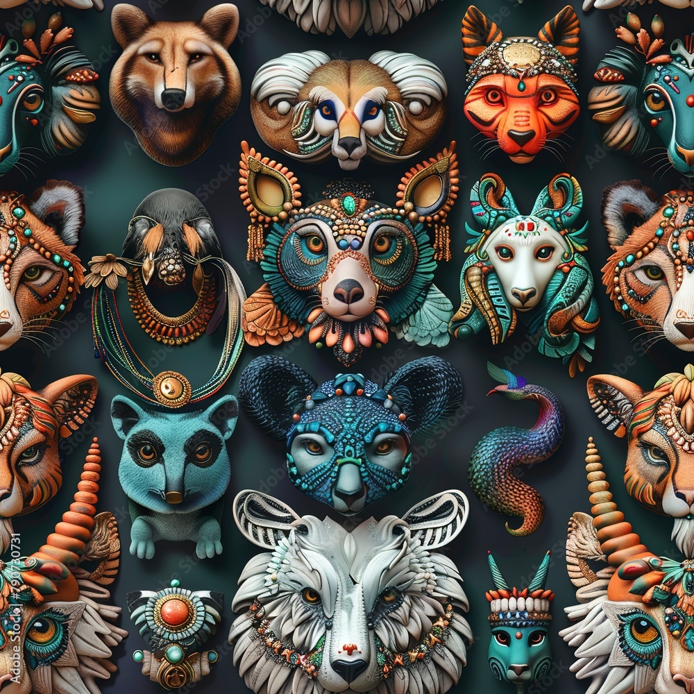 A menagerie of 3D animals, each adorned with unique bohemian tattoos and jewelry. Seamless Pattern, Fabric Pattern, Tumbler Wrap, Mug Wrap. A menagerie of 3D animals, each adorned with unique bohemian tattoos and jewelry. Seamless Pattern, Fabric Pattern, Tumbler Wrap, Mug Wrap.
