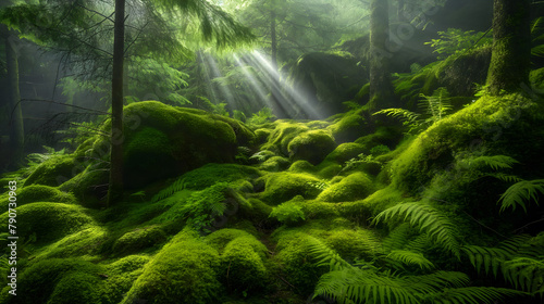 Enchanted Forest Light Rays Piercing Through Verdant Greenery © slonme