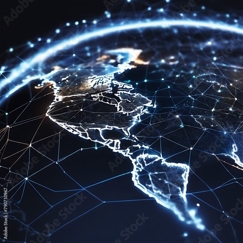 a map of the world with glowing connections between different regions. 