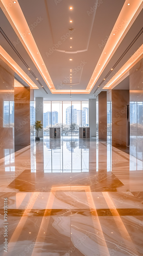 Fototapeta premium Elegant Modern Lobby Interior with Marble Flooring and Panoramic View