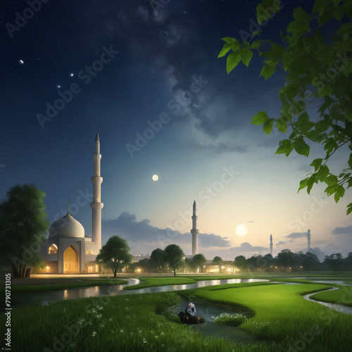 Night sky and moon. Mosque against the background of sunset
