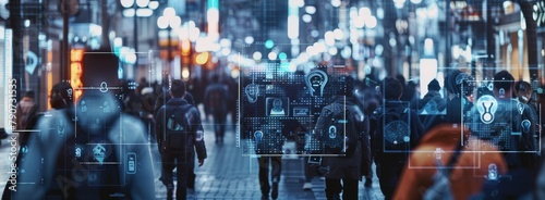Video of a Crowd of People Walking on Busy Urban City Streets, Scanning by CCTV AI Facial Recognition, Showing Personal Information.